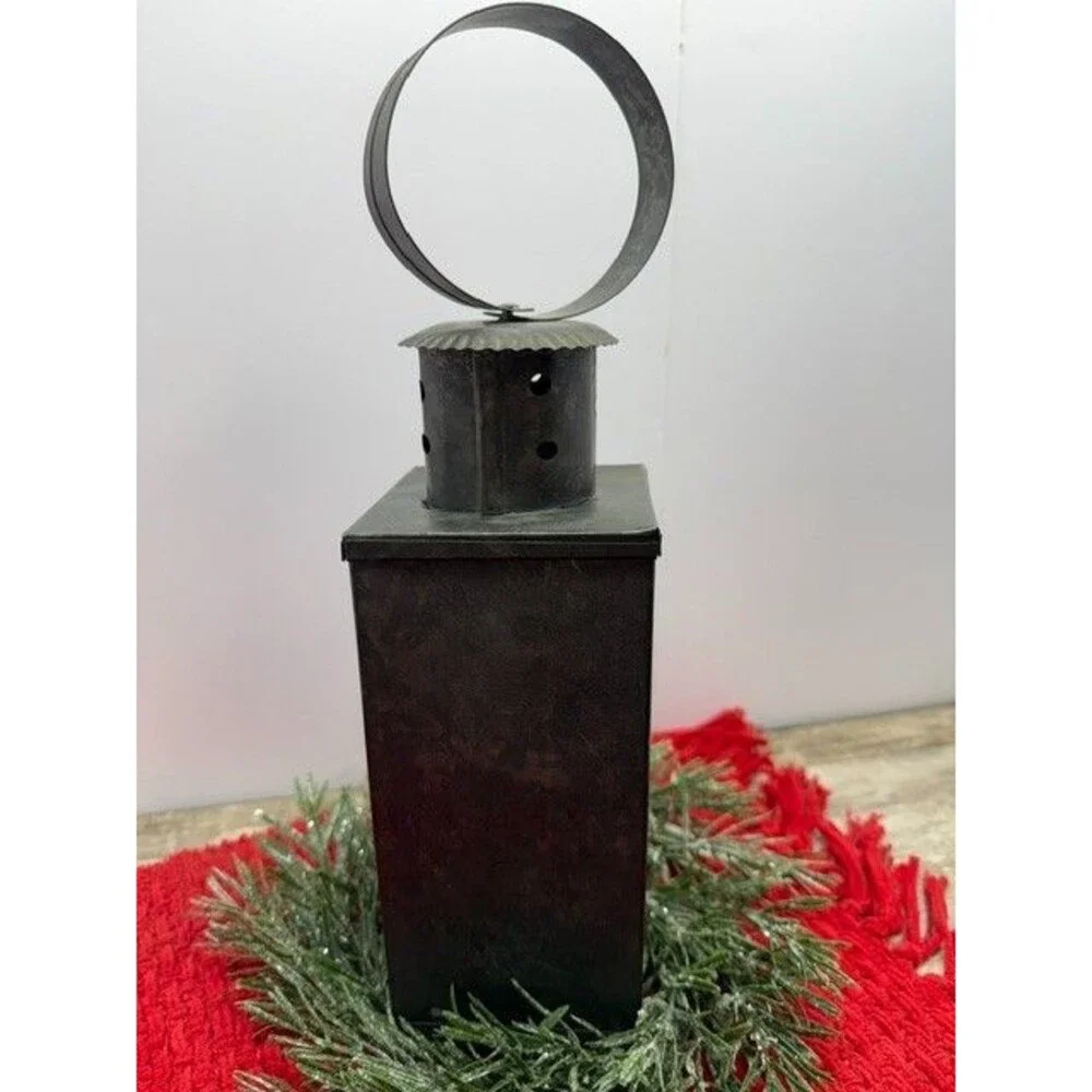 VINTAGE PRIMITIVE TIN CANDLE LANTERN WITH HANDLE 14